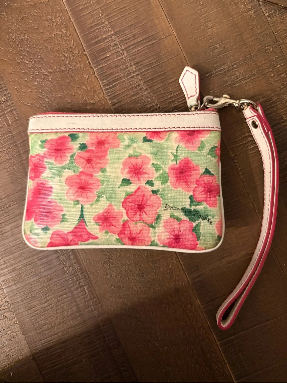 Dooney & Bourke Floral Hibiscus Coated Canvas Wristlet Pouch White Pink